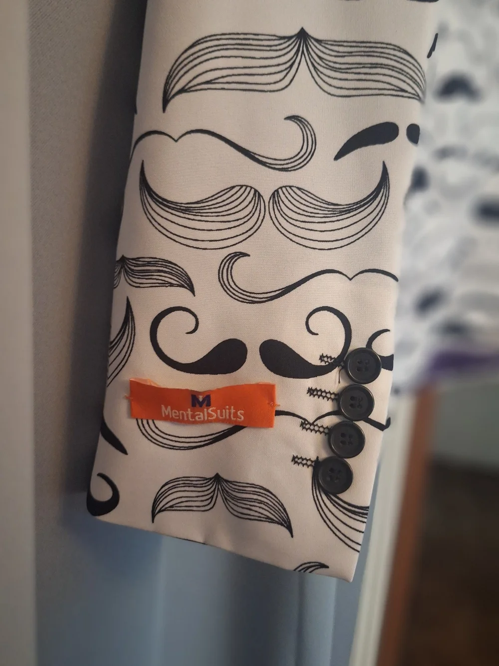 Men's White MentalSuits Suit with Black Mustache Print, Tie Included, Size